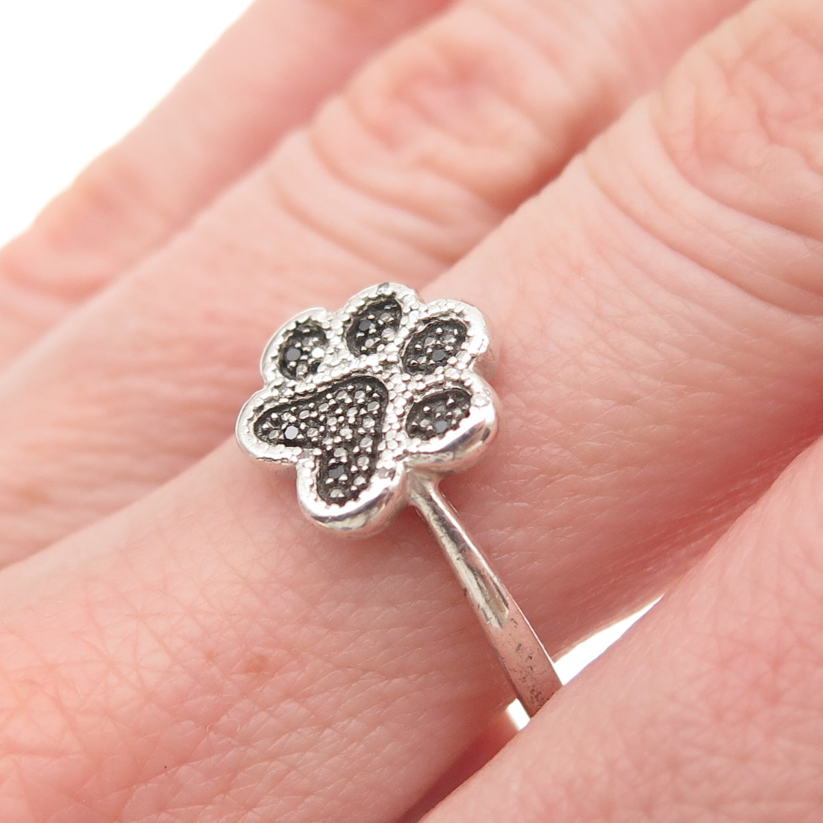 925 Sterling Silver Real Round-Cut Black & White Diamond Dog Paw Ring Size 7