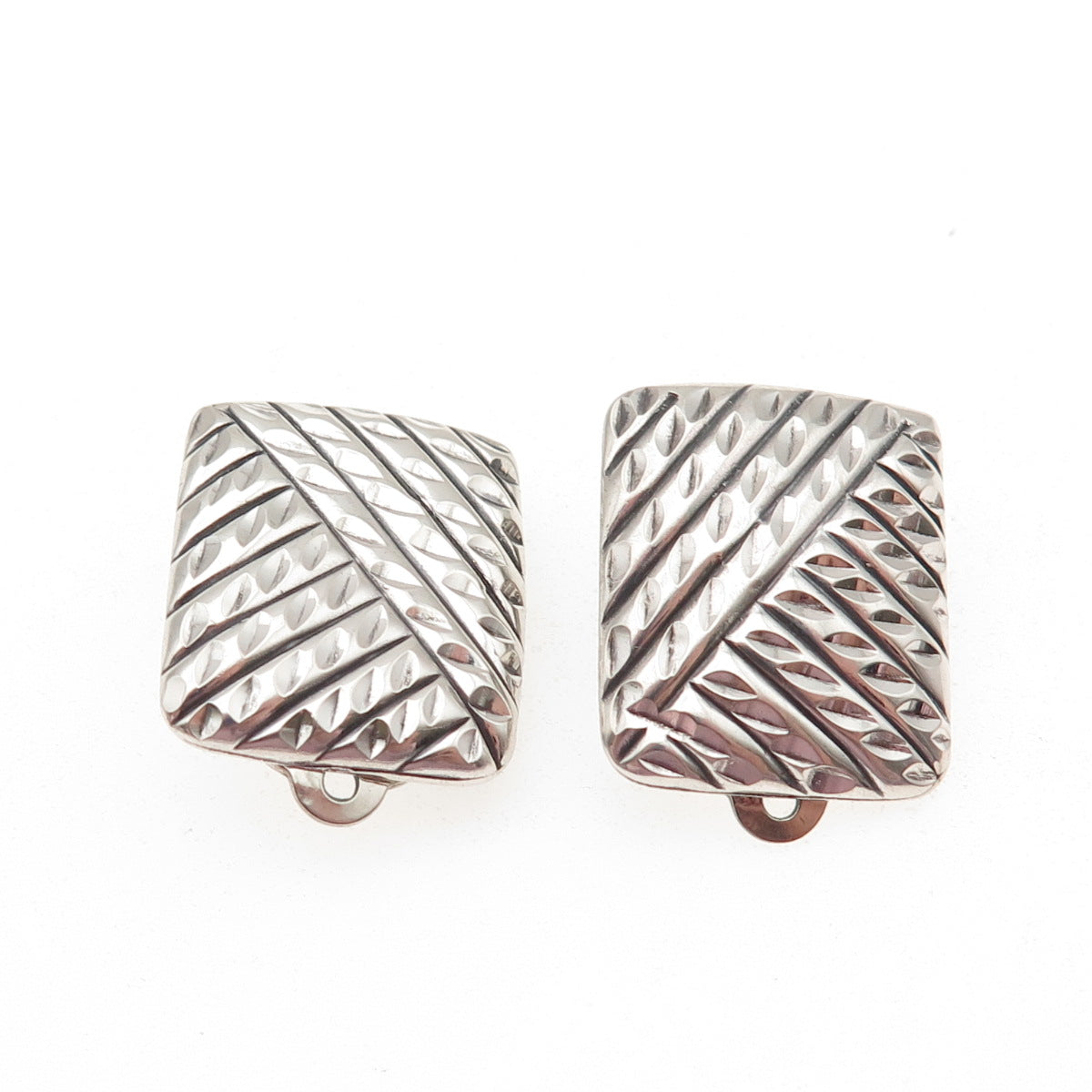 925 Sterling Silver Vintage Modernist Ribbed Oxidized Clip On Earrings