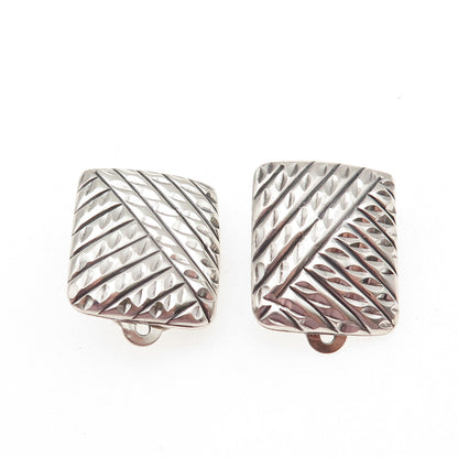 925 Sterling Silver Vintage Modernist Ribbed Oxidized Clip On Earrings