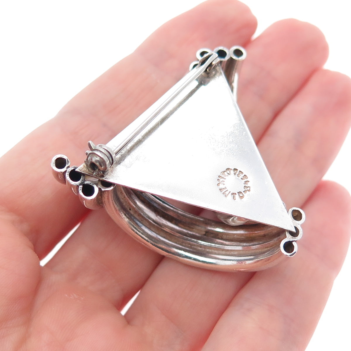925 Sterling Silver Vintage Mexico Modernist Triangle Oxidized Pin Brooch