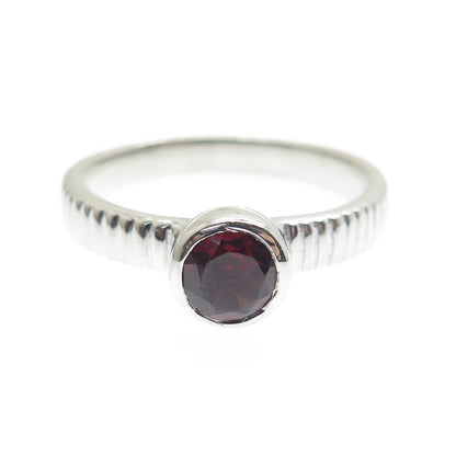 925 Sterling Silver Real Checkered Red Garnet Gemstone Ribbed Ring Size 8