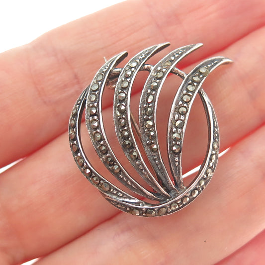 925 Sterling Silver Vintage Real Marcasite Floral Oxidized Pin Brooch