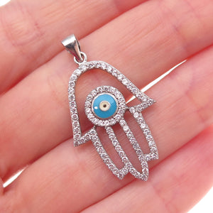 925 Sterling Silver Enamel & C Z Evil Eye Hamsa Amulet Charm Pendant