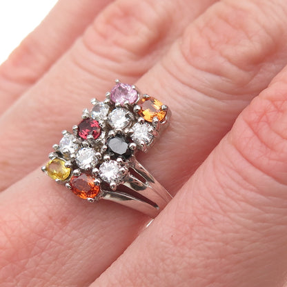 925 Sterling Silver Real Multi-Color Sapphire & C Z Cluster Ring Size 6.25