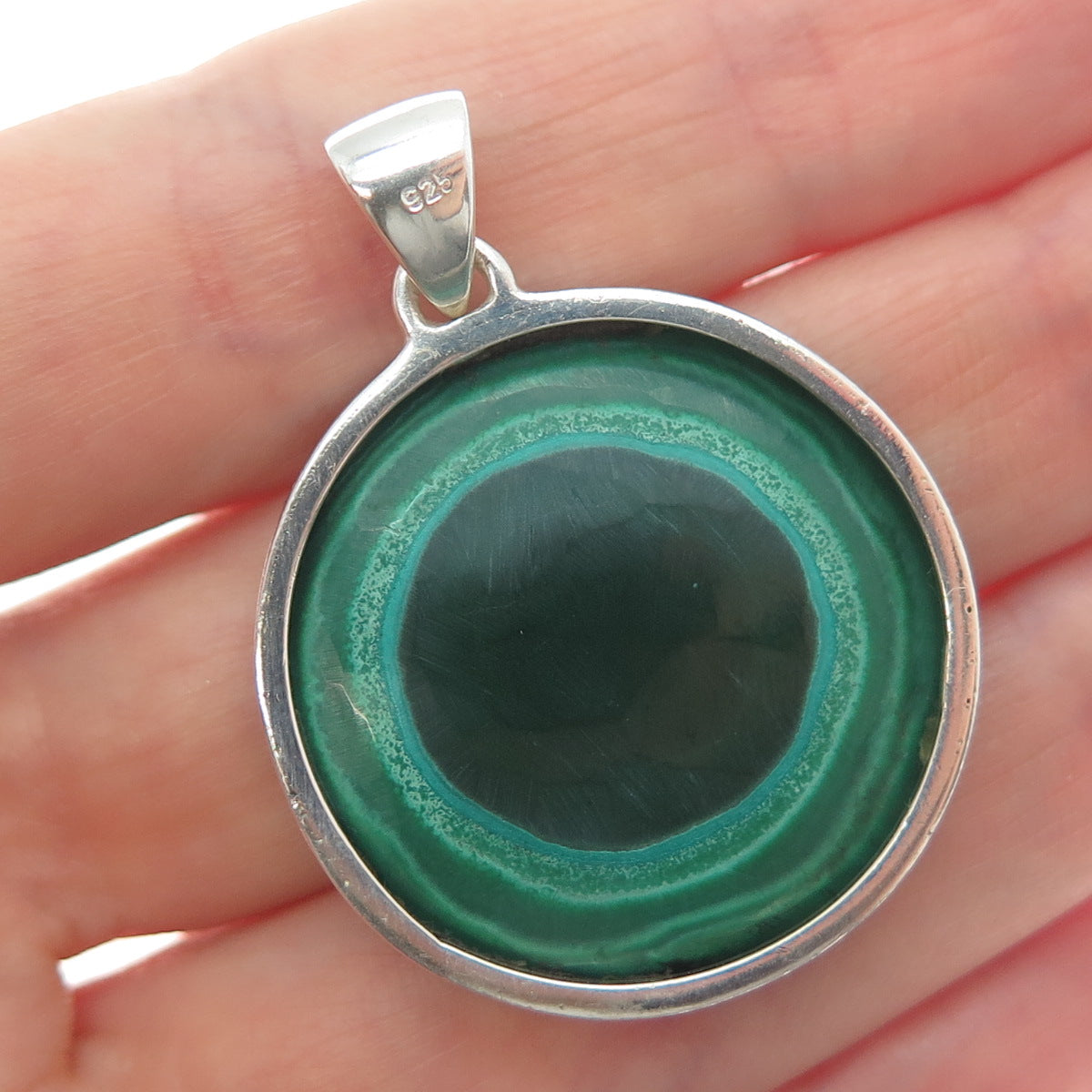 925 Sterling Silver Vintage Real Malachite Modernist Round Charm Pendant