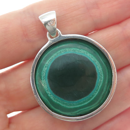 925 Sterling Silver Vintage Real Malachite Modernist Round Charm Pendant