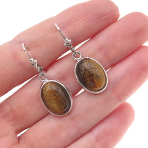 Gold Stone 925 Sterling Silver Vintage Real Tiger Eye Scarab Dangle Earrings