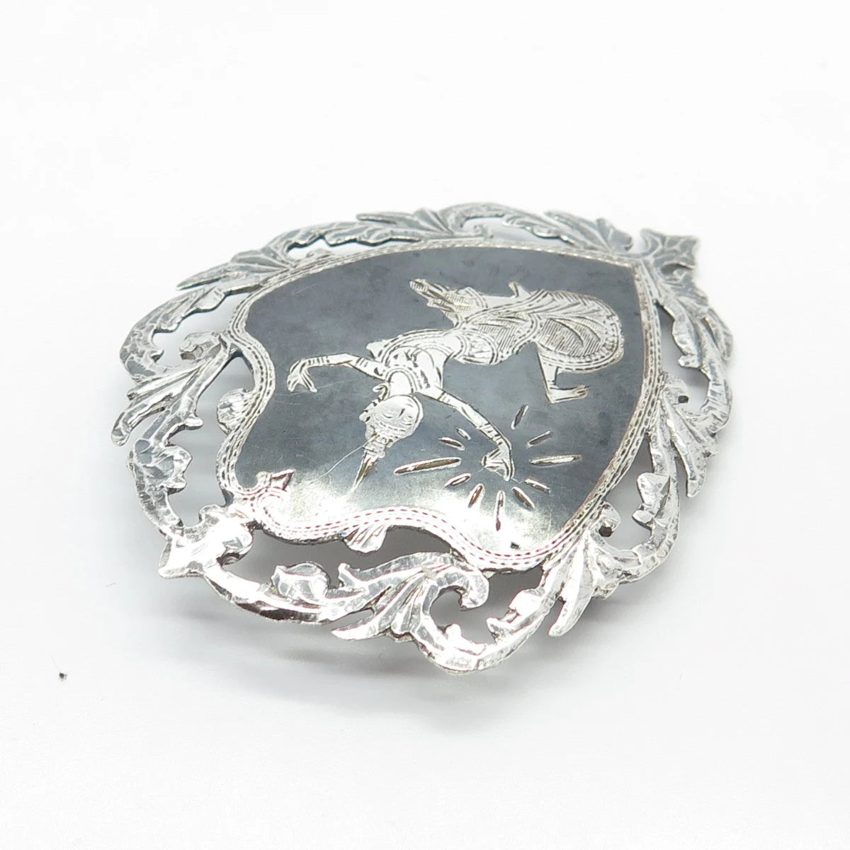 925 Sterling Silver Vintage Siam Niello Hindu Goddess Pin Brooch
