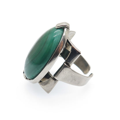 925 Sterling Silver Vintage Real Malachite Oxidized Adjustable Ring Size 8.75