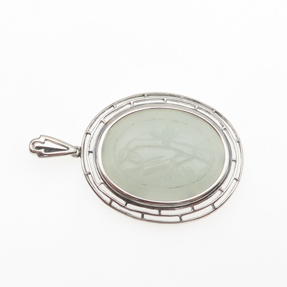 Michelle Albala 925 Sterling Silver Vintage Real Carved Jade Bamboo Pendant