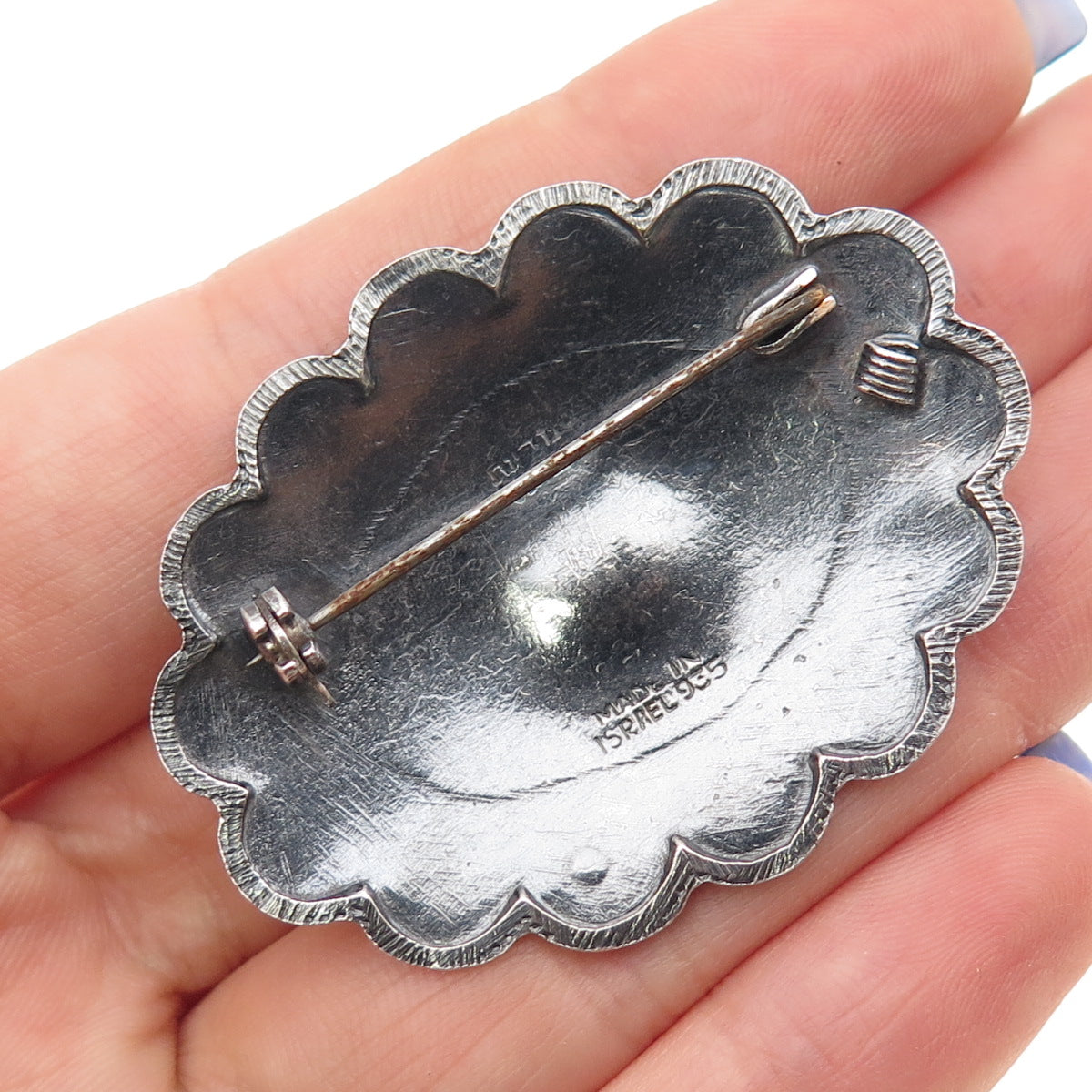 935 Silver Antique Art Deco Israel Real Coral Oxidized Pin Brooch