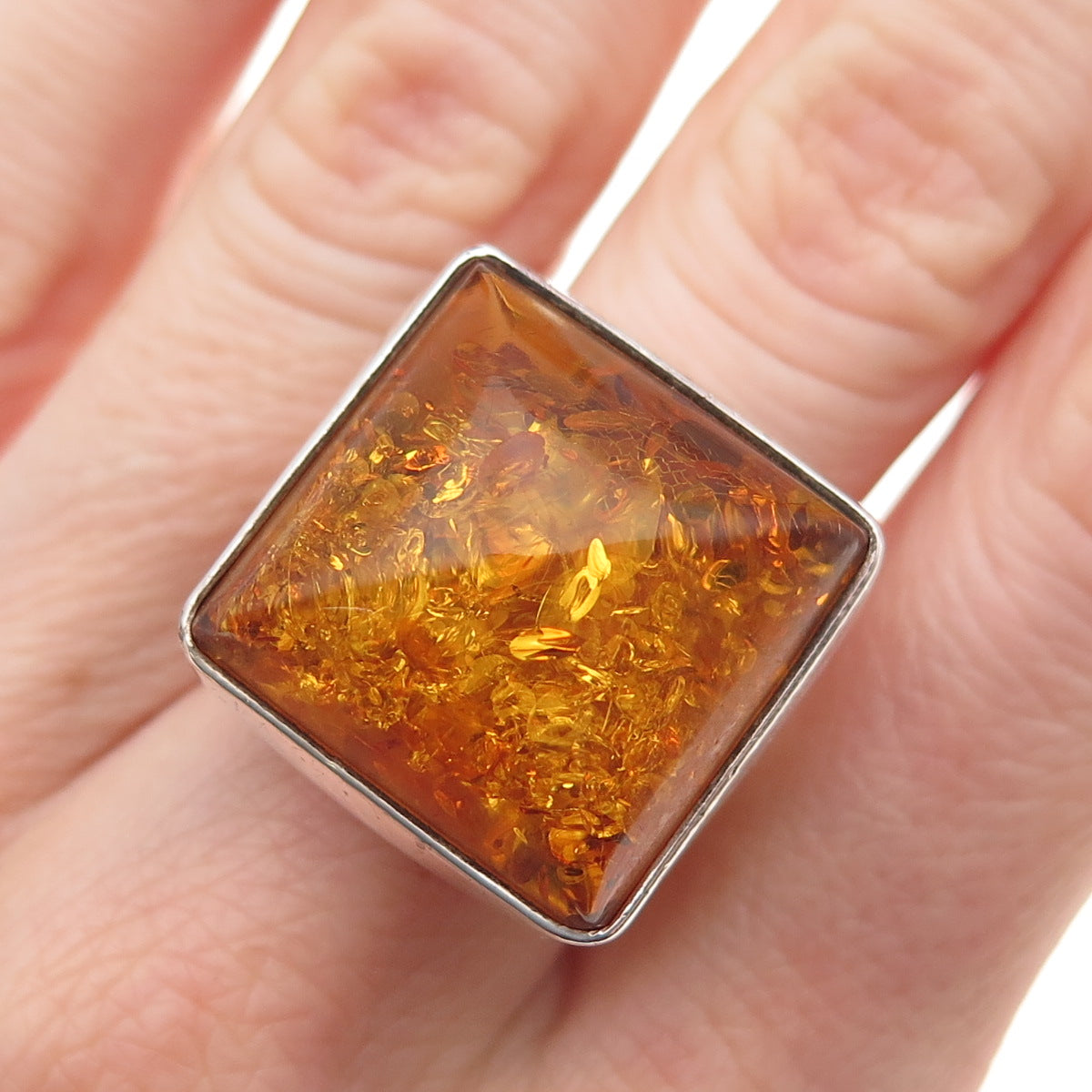 925 Sterling Silver Vintage Real Amber Modernist Ring Size 7.75