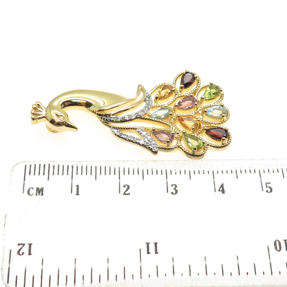 CHARLES WINSTON Sterling Gold Plated Diamond & Multi-Gem Peacock Slide Pendant