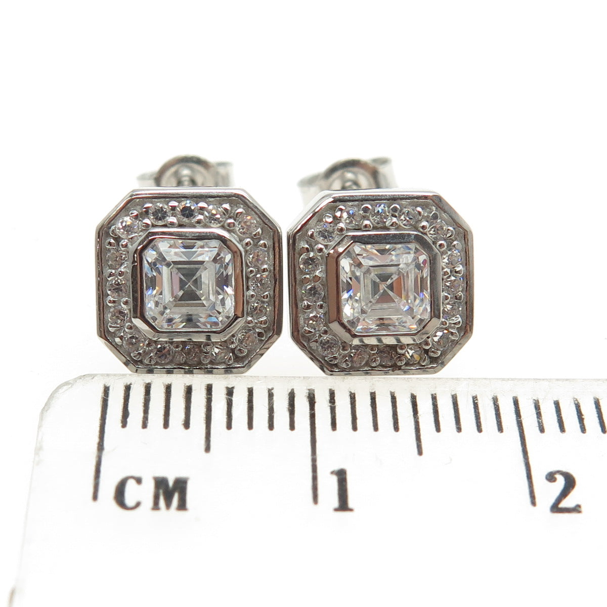 925 Sterling Silver Cushion-Cut & Round-Cut Shaped C Z Stud Earrings