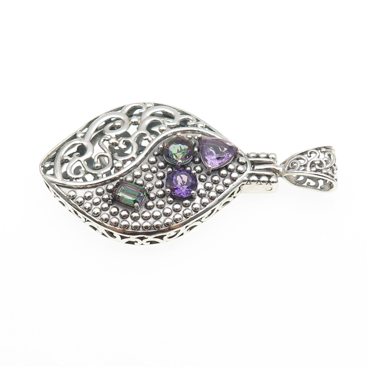 BERIA 925 Sterling Silver Vintage Real Amethyst & Mystic Quartz Charm Pendant