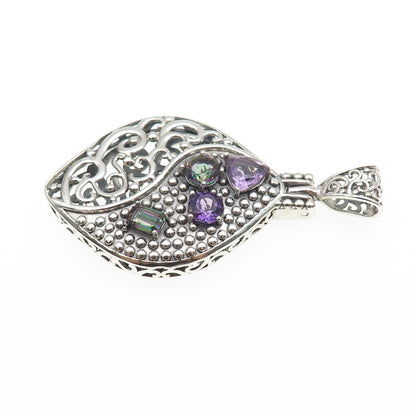BERIA 925 Sterling Silver Vintage Real Amethyst & Mystic Quartz Charm Pendant