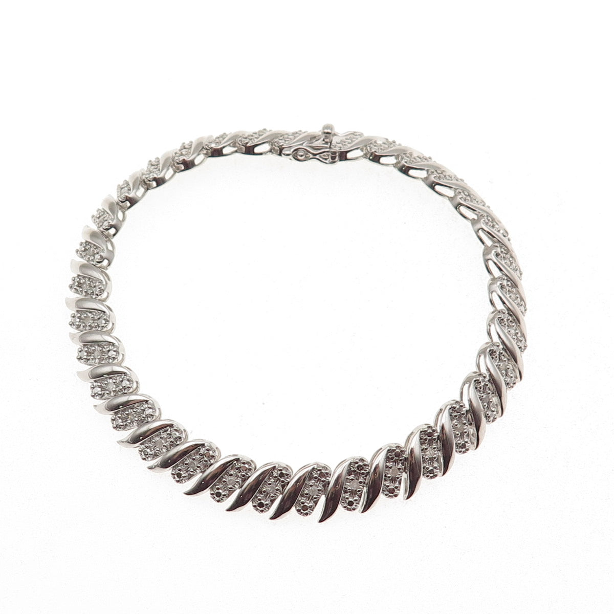925 Sterling Silver Real Round-Cut Diamond Ribbed Link Bracelet 7.25"
