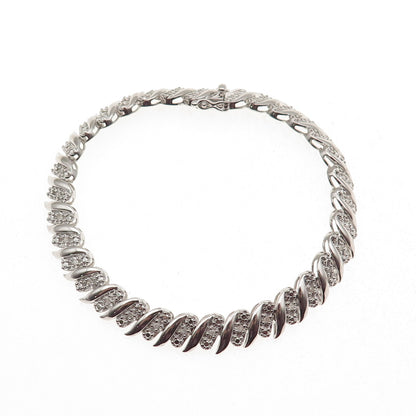 925 Sterling Silver Real Round-Cut Diamond Ribbed Link Bracelet 7.25"