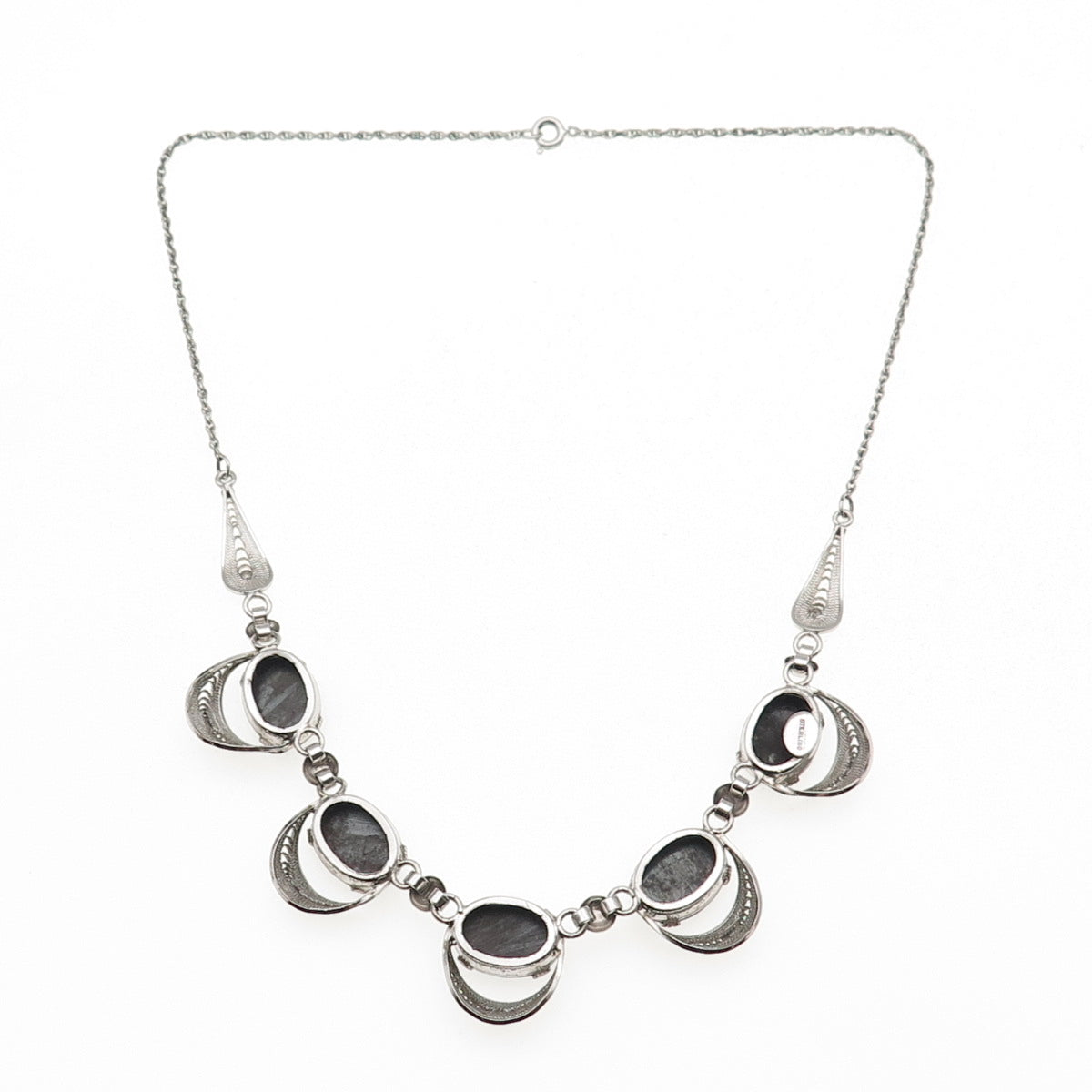 925 Sterling Silver Antique Art Deco Real Hematite Filigree Chain Necklace 16"