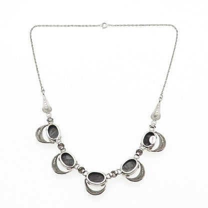 925 Sterling Silver Antique Art Deco Real Hematite Filigree Chain Necklace 16"