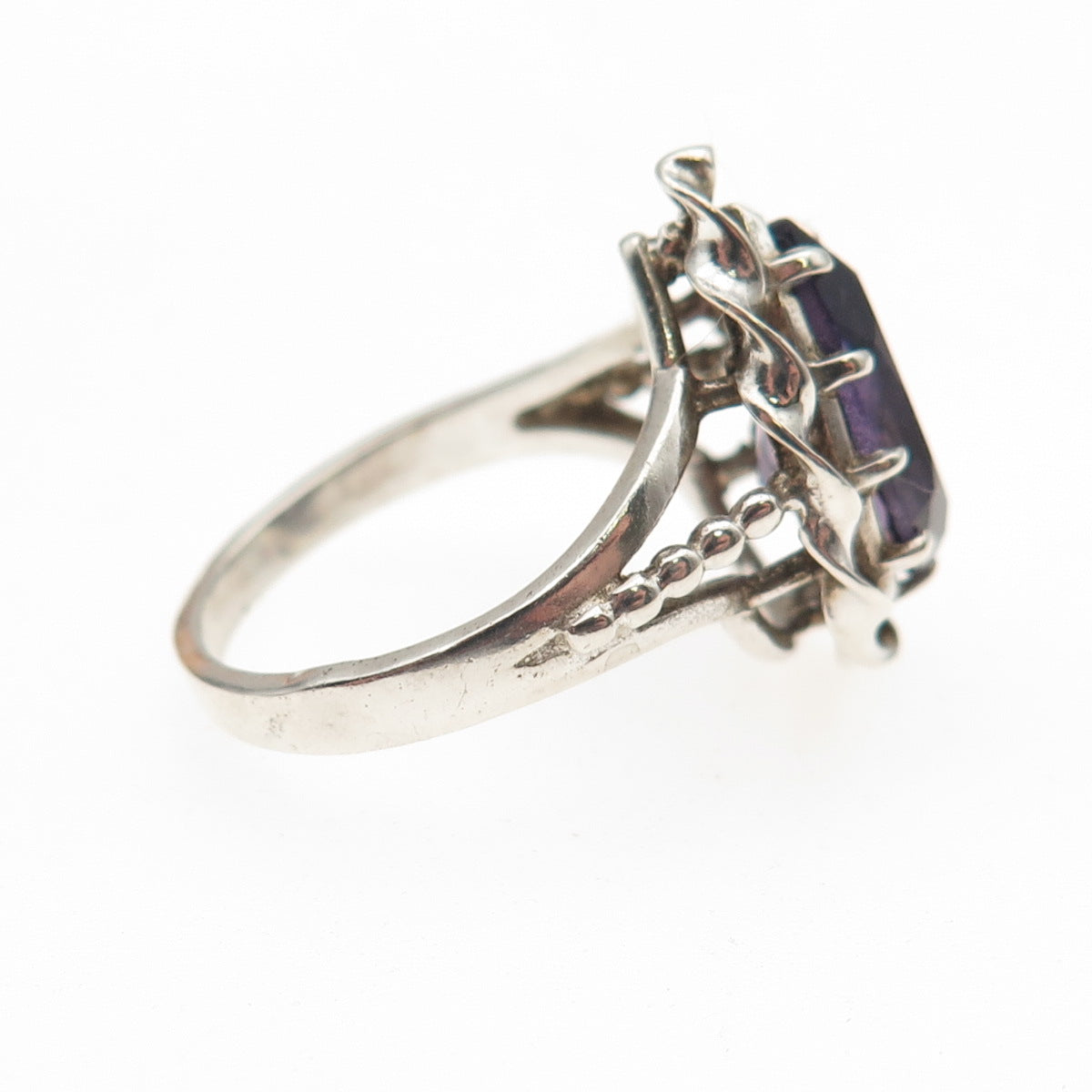 925 Sterling Silver Vintage Real Amethyst Teardrop Oxidized Ring Size 6.75