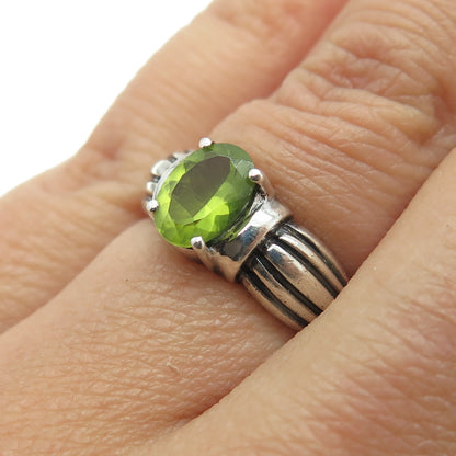 925 Sterling Silver Vintage Real Peridot Gemstone Ribbed Ring Size 5.75