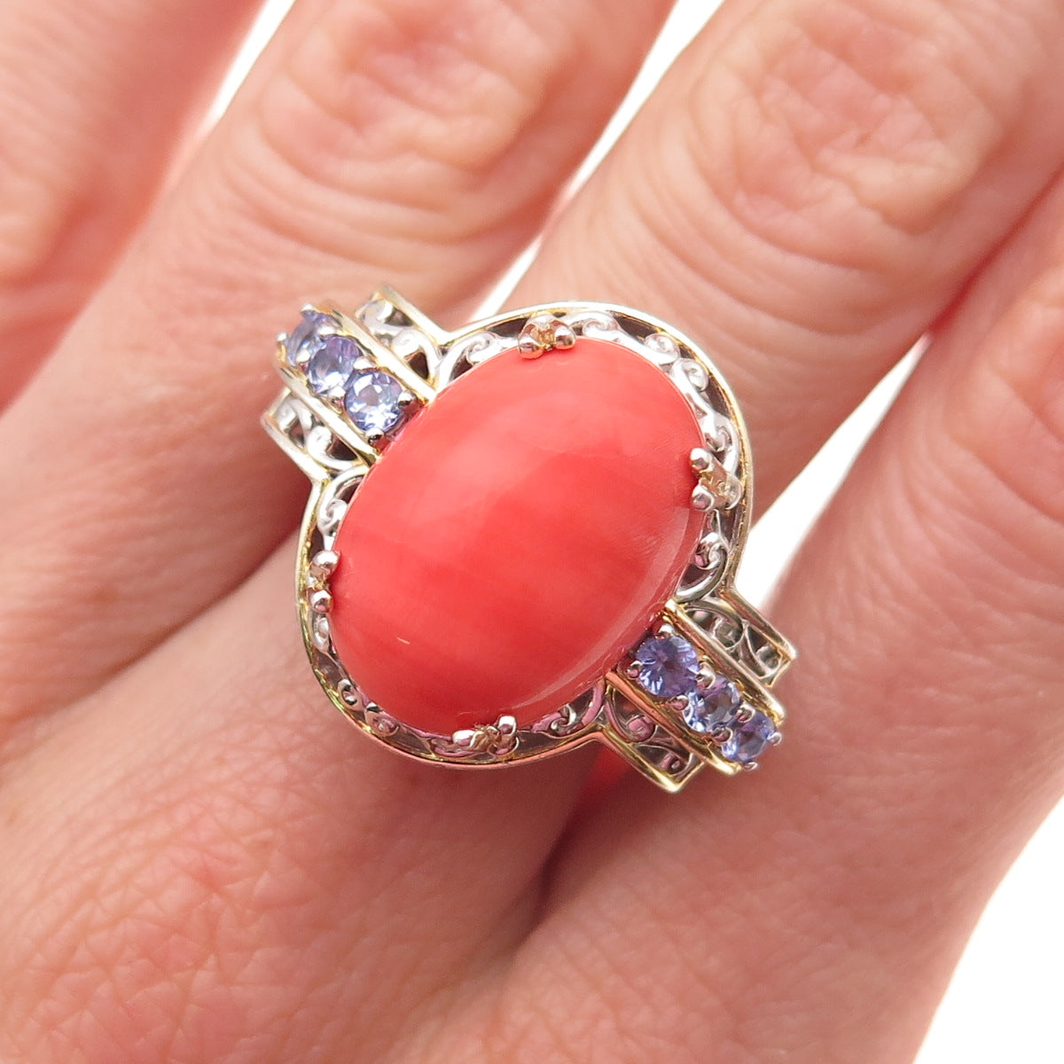 Michael Valitutti Gems En Vogue 925 Sterling 2-Tone Coral Tanzanite Ring Size 7