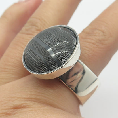 925 Sterling Silver Vintage Real Agate Gem Round Ring Size 10