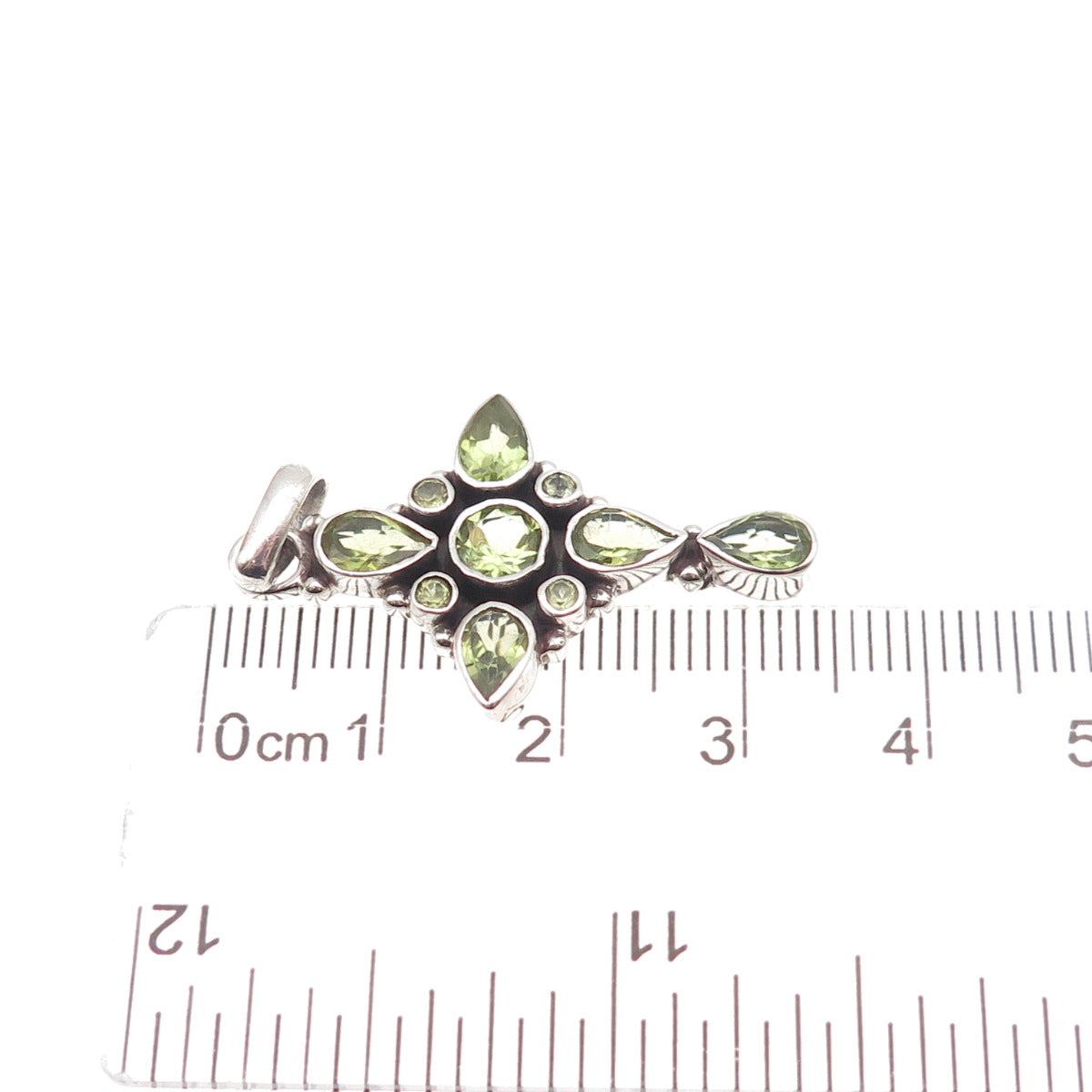 925 Sterling Silver Vintage Real Peridot Cross Cluster Charm Pendant