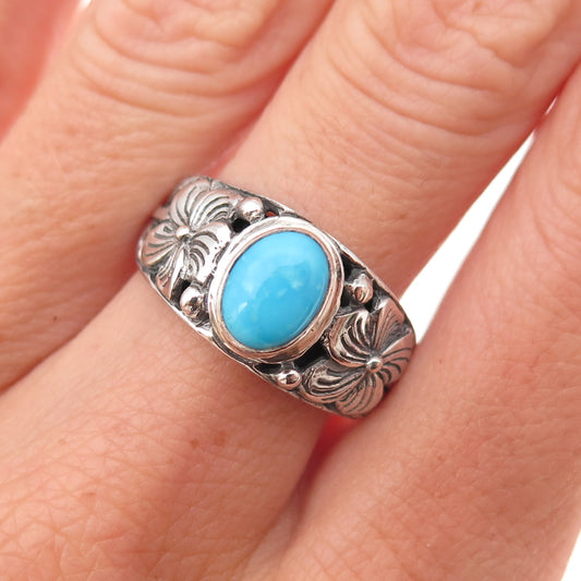 925 Sterling Silver Vintage Real Turquoise Floral Oxidized Ring Size 8.5