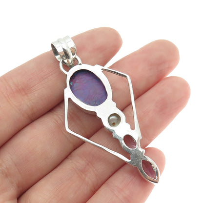 925 Sterling Silver Vintage Purple Turquoise Amethyst & Pearl Modernist Pendant