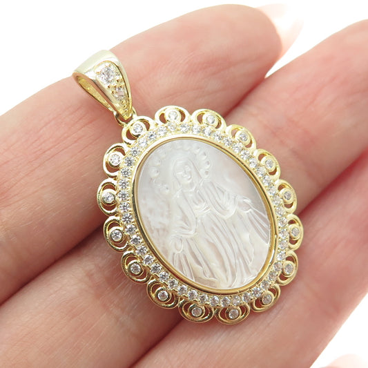 925 Sterling Silver Gold Plated Mother-of-Pearl & C Z Religious Theme Pendant