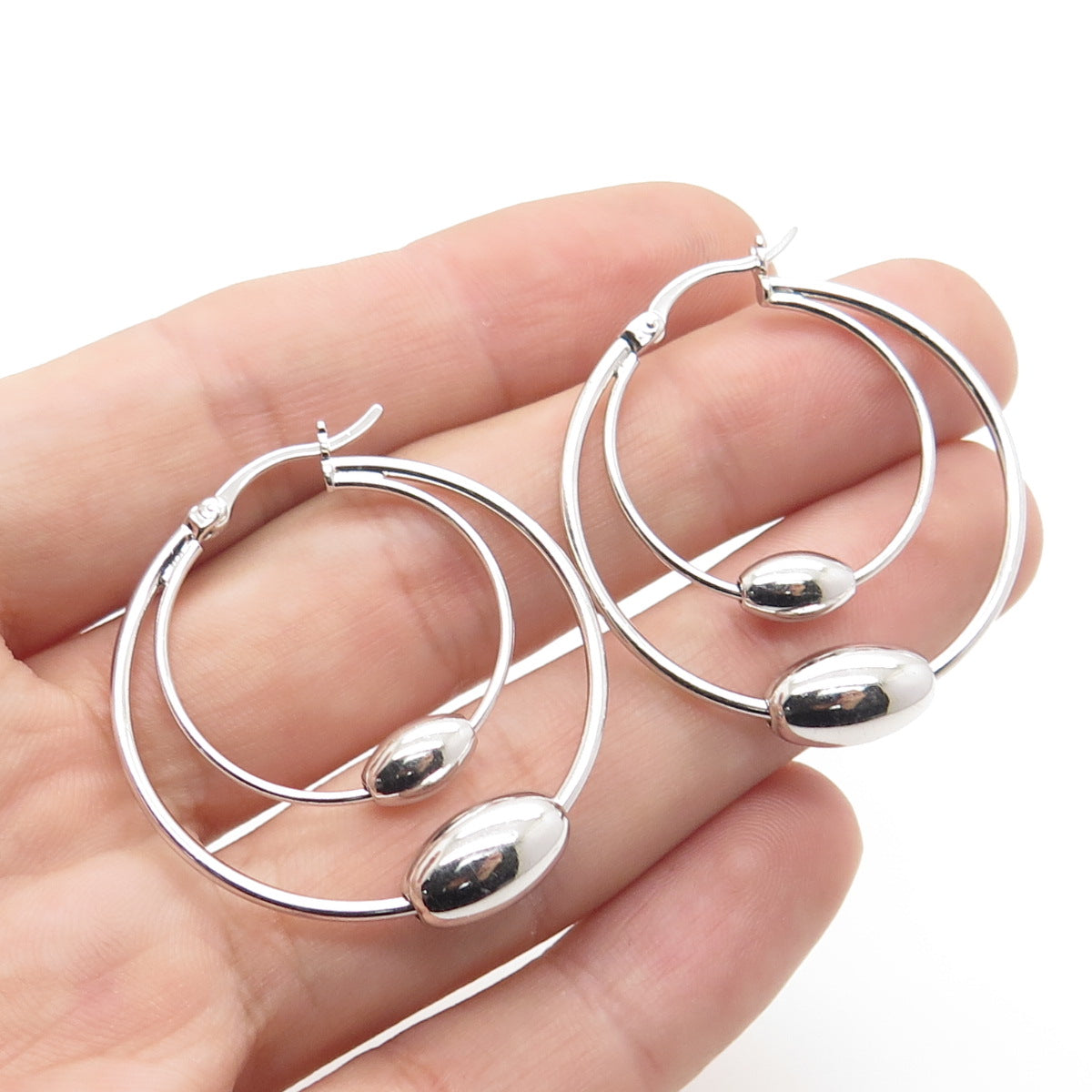 925 Sterling Silver Modernist Double Hoop Bead Earrings