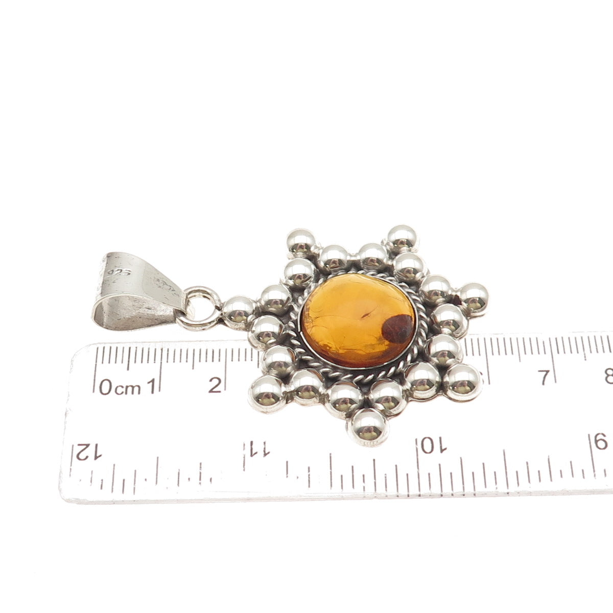 925 Sterling Silver Vintage Mexico Real Amber Modernist Beaded Pendant