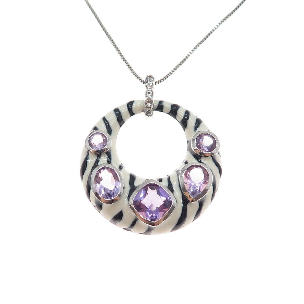 925 Sterling Silver Enamel Real Amethyst White Topaz Zebra Pattern Necklace 18"