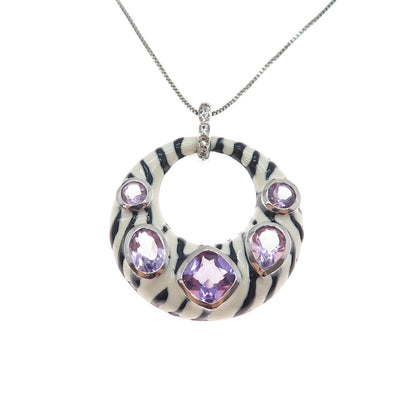925 Sterling Silver Enamel Real Amethyst White Topaz Zebra Pattern Necklace 18"
