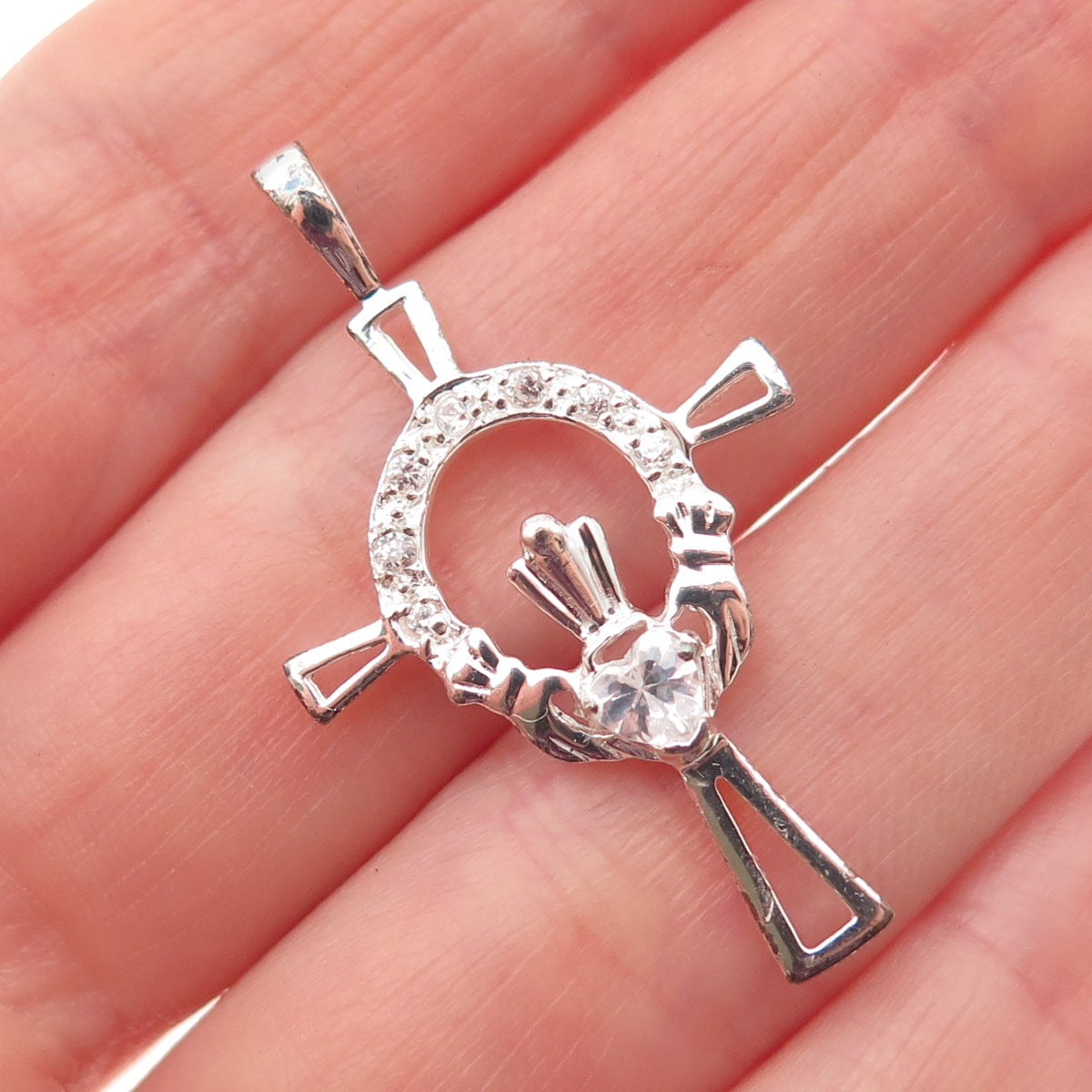 925 Sterling Silver Round & Heart-Cut C Z Irish Claddagh Cross Charm Pendant