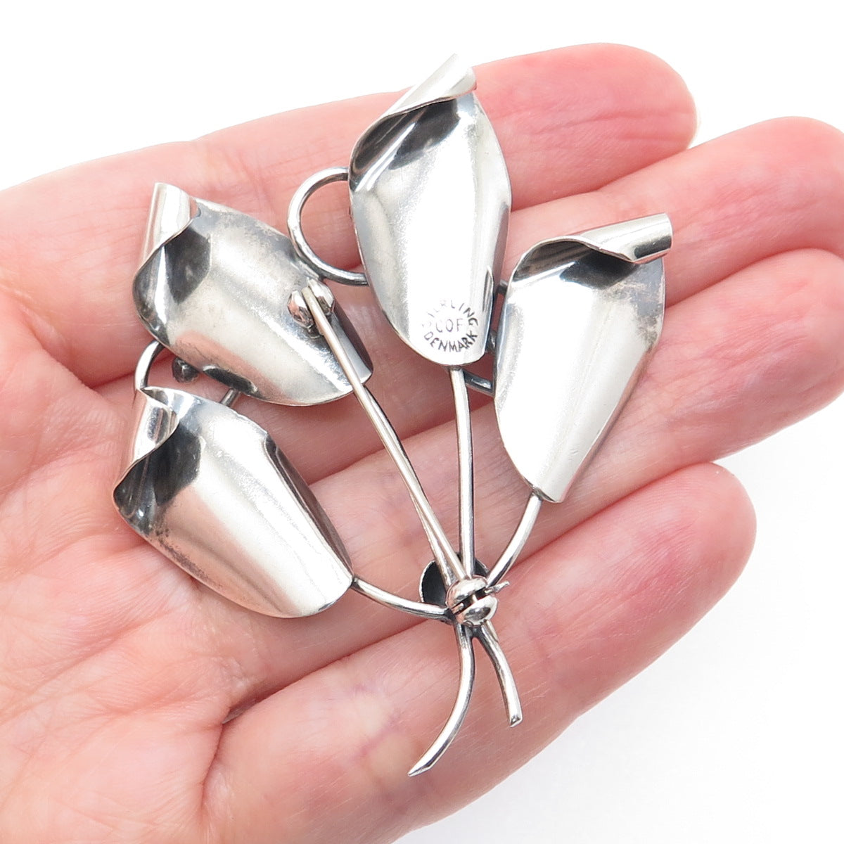 CARL OVE FRYDENSBERG Sterling Silver Vintage Denmark Modernist Lily Pin Brooch