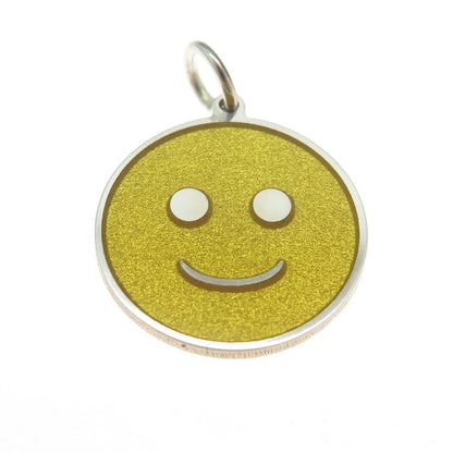 925 Sterling Silver Yellow Enamel Smiling Face Emoji Minimalist Charm Pendant