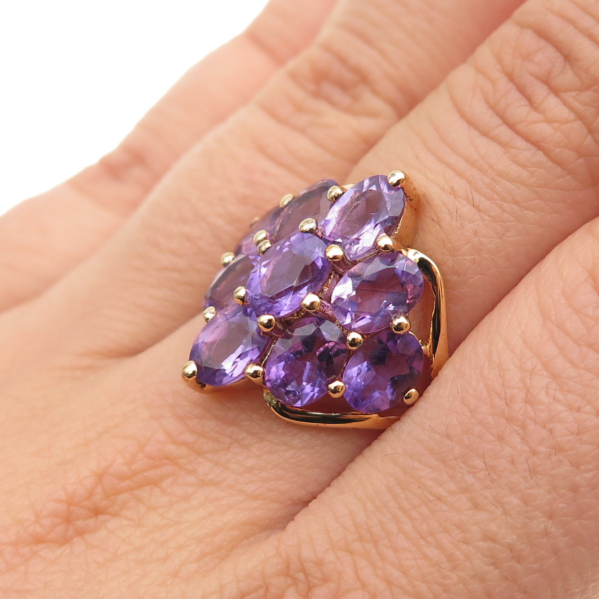925 Sterling Silver Gold Plated Real Oval-Cut Amethyst Cluster Ring Size 7.25