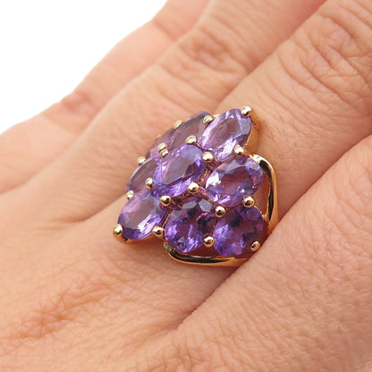 925 Sterling Silver Gold Plated Real Oval-Cut Amethyst Cluster Ring Size 7.25
