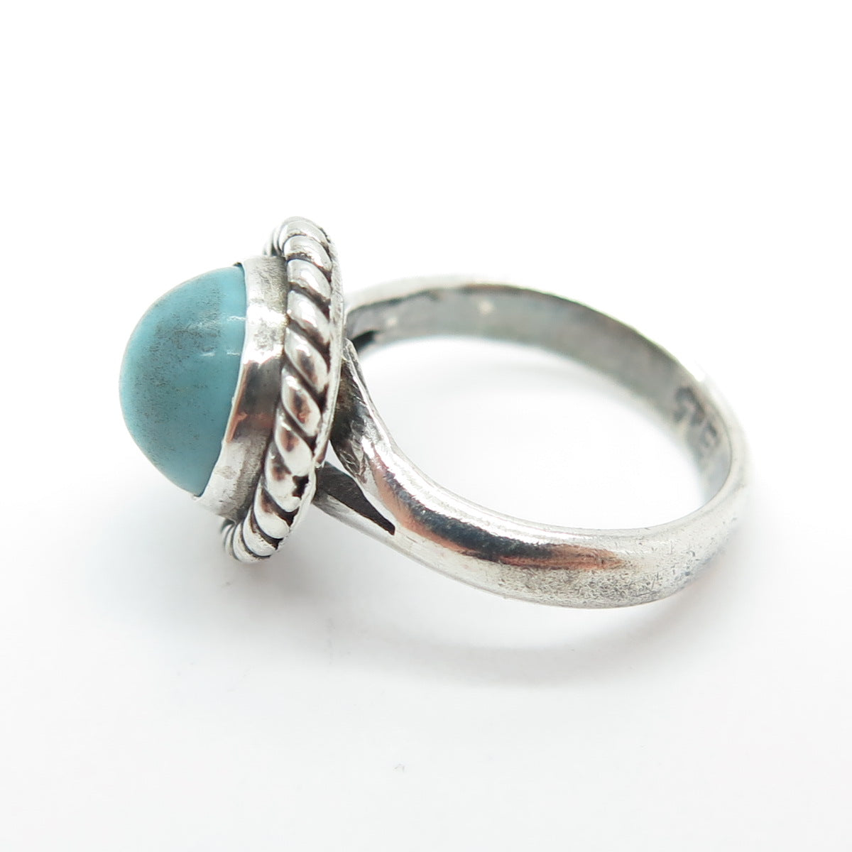 925 Sterling Silver Vintage Mexico Real Turquoise Roped Pinky Ring Size 2