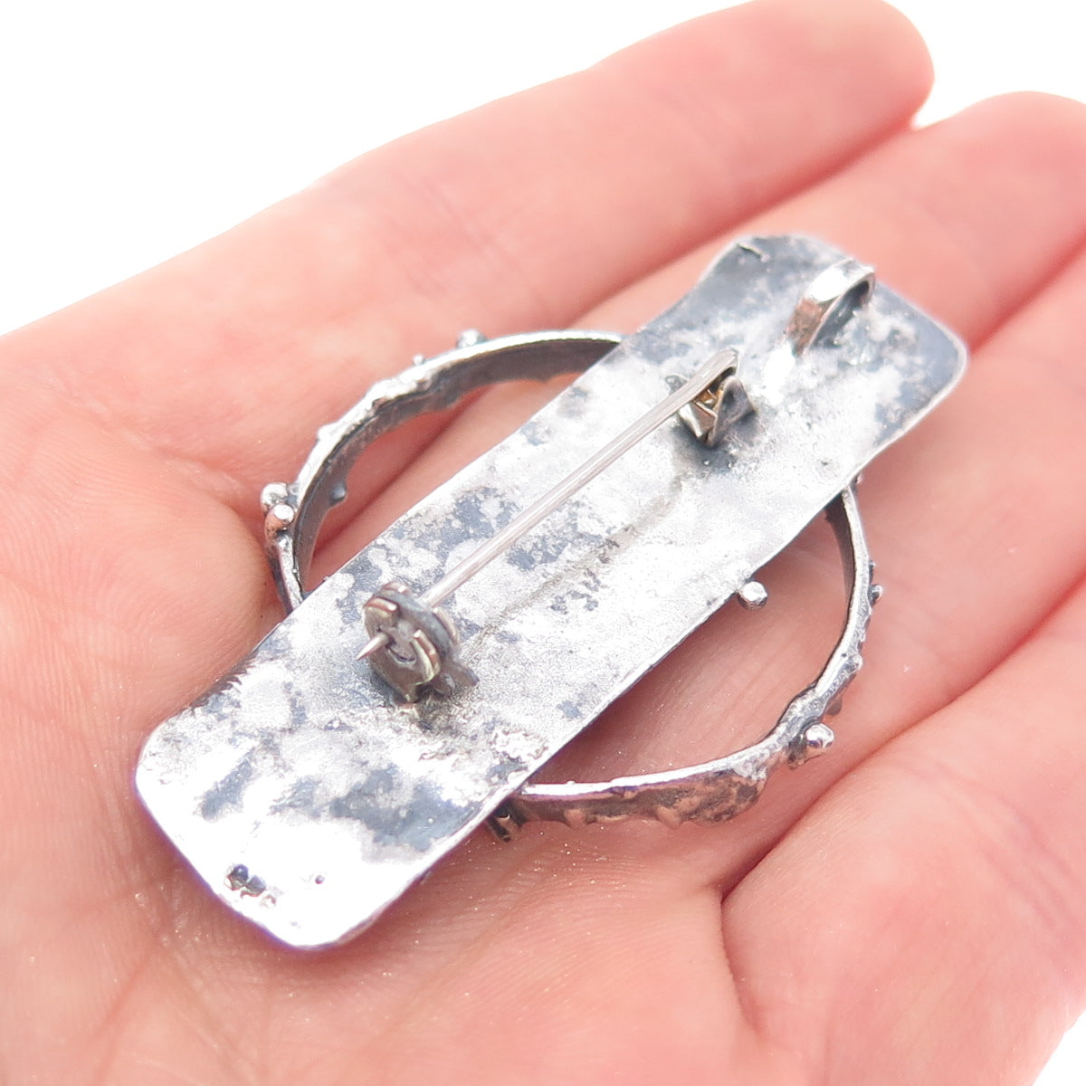 925 Sterling Silver Vintage Real Tiger Eye Modernist Oxidized Pin Brooch Pendant