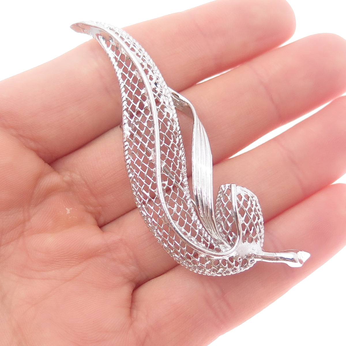 D'OR 925 Sterling Silver Vintage Feather Filigree Pin Brooch