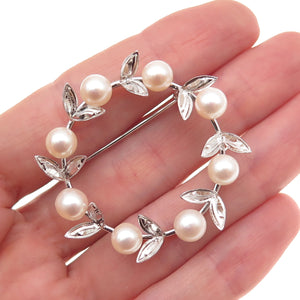925 Sterling Silver Antique Real Akoya Pearl Floral Circle of Life Pin Brooch