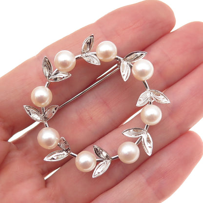925 Sterling Silver Antique Real Akoya Pearl Floral Circle of Life Pin Brooch