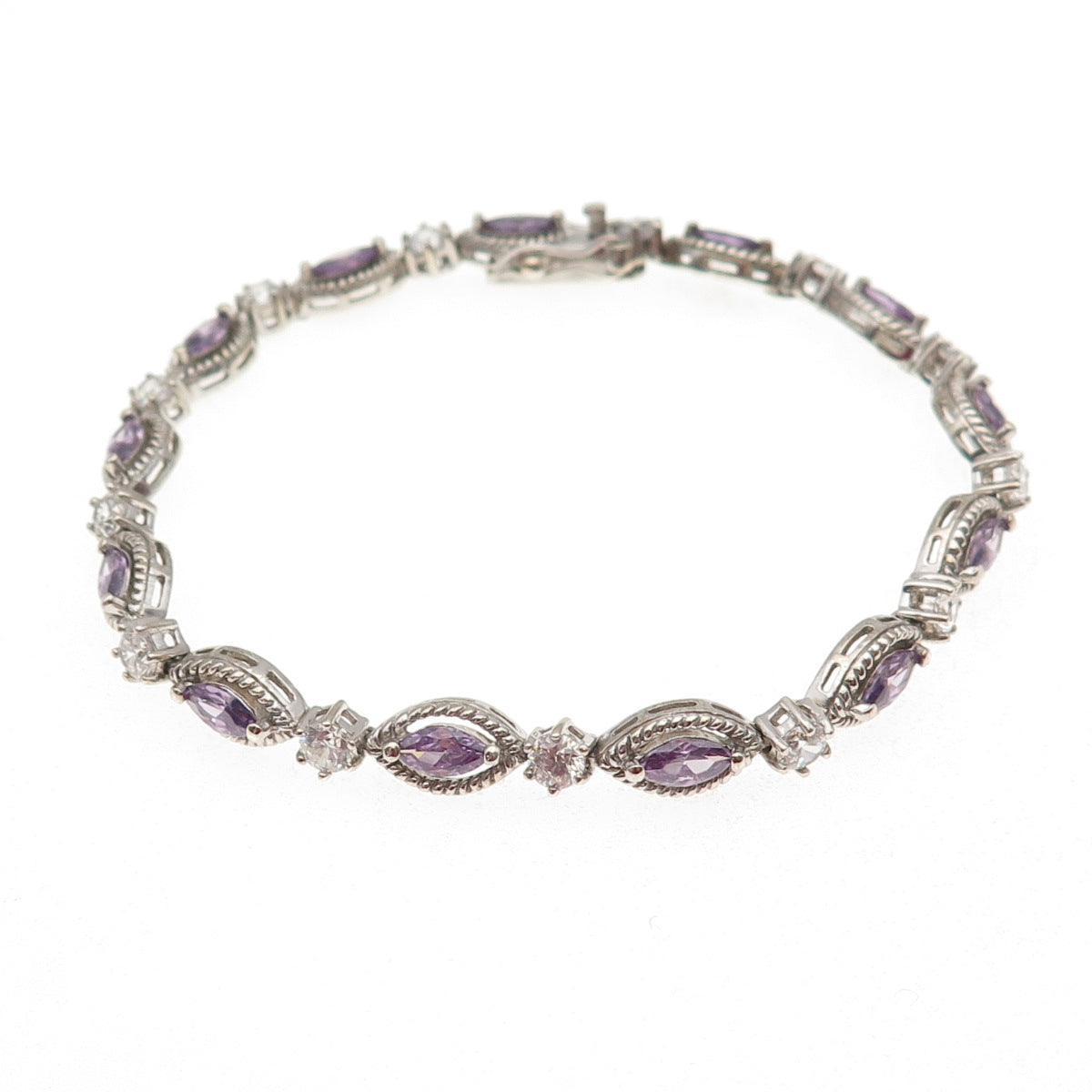 925 Sterling Silver Marquise-Cut Purple & Round-Cut White C Z Bracelet 7.25"