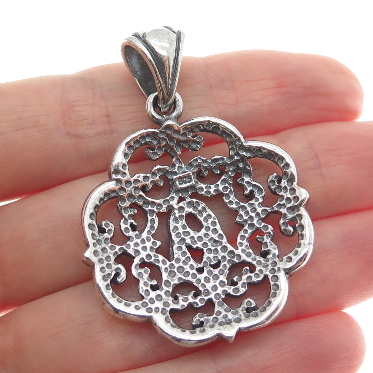 925 Sterling Silver Vintage Ornate Floral Oxidized Pendant