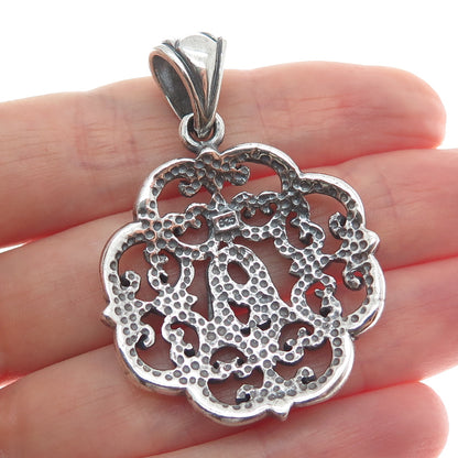 925 Sterling Silver Vintage Ornate Floral Oxidized Pendant
