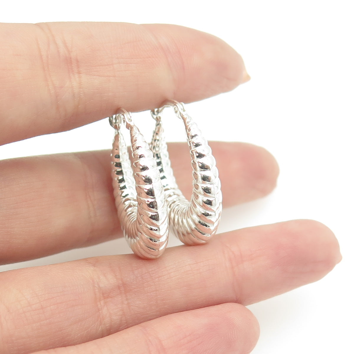 HAN 925 Sterling Silver Puffy Ribbed Hoop Earrings